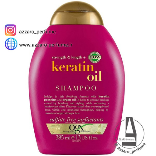 شامپو روغن کراتین (کراتین اویل) او جی ایکس OGX مدل strength length حجم 385 میل اورجینال دو لیبل-فروشگاه اینترنتی آرایشی بهداشتی آزارو