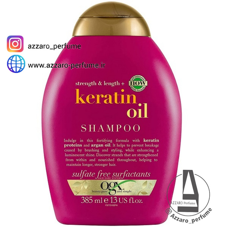 شامپو روغن کراتین (کراتین اویل) او جی ایکس OGX مدل strength length حجم 385 میل اورجینال دو لیبل-فروشگاه اینترنتی آرایشی بهداشتی آزارو
