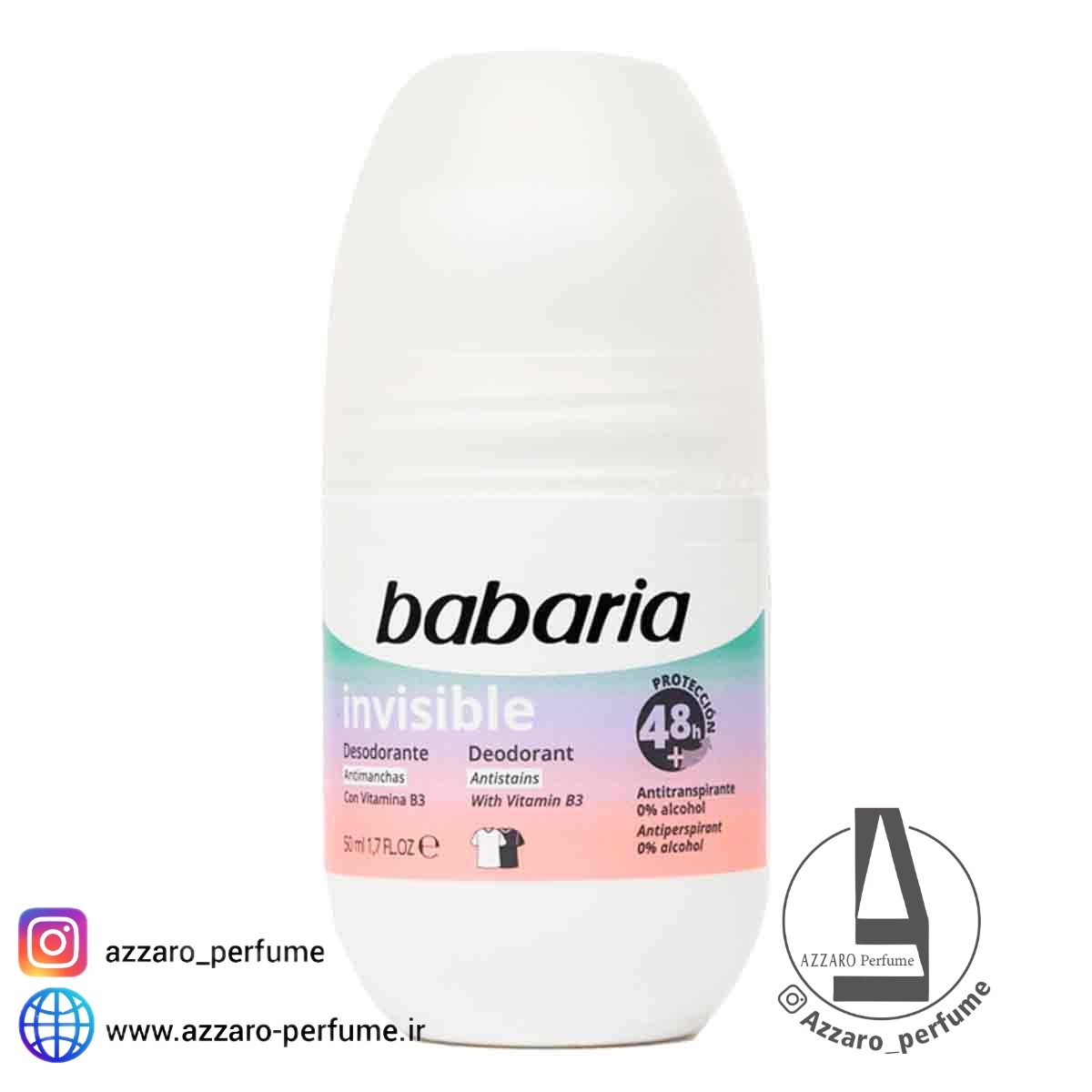 دئودورانت مام و رول ضد تعریق 48 ساعته اینویزیبل Invisible باباریا Babaria حجم 50 میلی لیتر-فروشگاه اینترنتی آرایشی بهداشتی آزارو در شیراز 