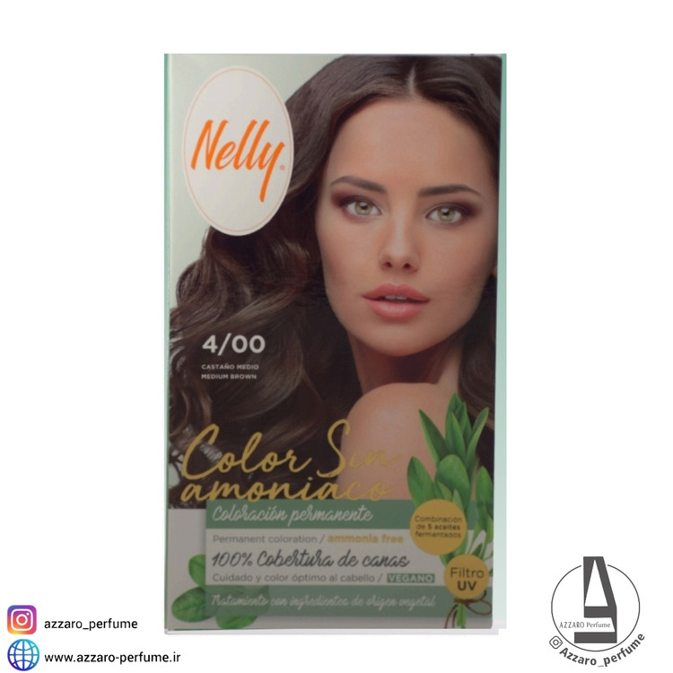 کیت رنگ مو بدون آمونیاک نلی NELLY مدل ammonia free شماره 4/00 قهواه ای متوسط-فروشگاه اینترنتی آرایشی و بهداشتی آزارو در شیراز