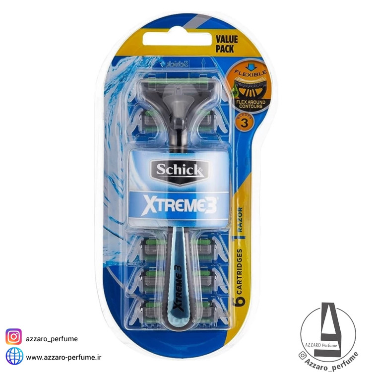 خودتراش مردانه 3 تیغه همراه با 6 تیغ یدک شیک مدل Schick XTREME3-فروشگاه اینترنتی آرایشی و بهداشتی آزارو در شیراز