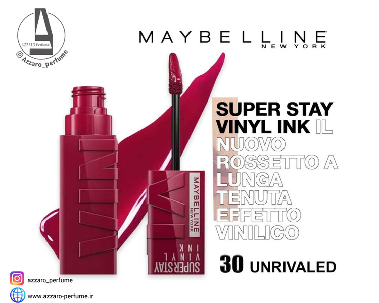 رژ لب مایع میبلین مدل super stay Vinyl Ink رنگ UNRIVALED شماره 30-فروشگاه آرایشی و بهداشتی آزارو در شیراز