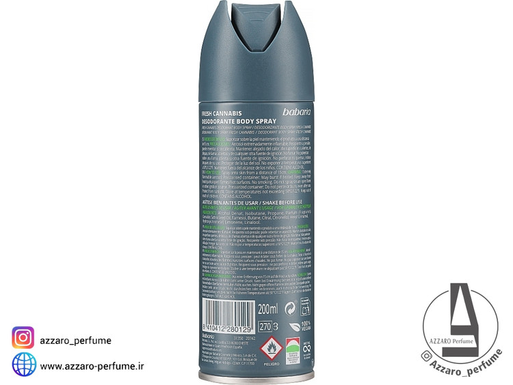 اسپری بدن مردانه باباریا Babaria کانابیس فرس حجم 200 میل-فروشگاه اینترنتی آرایشی و بهداشتی آزارو در شیراز