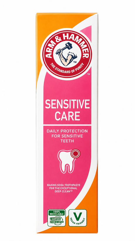 خمیر دندان آرم اند همر مدل Sensitive Care مخصوص دندانهای حساس با جوش شیرین حجم 125 گرم_فروشگاه اینترنتی آرایشی بهداشتی آزارو در شیراز